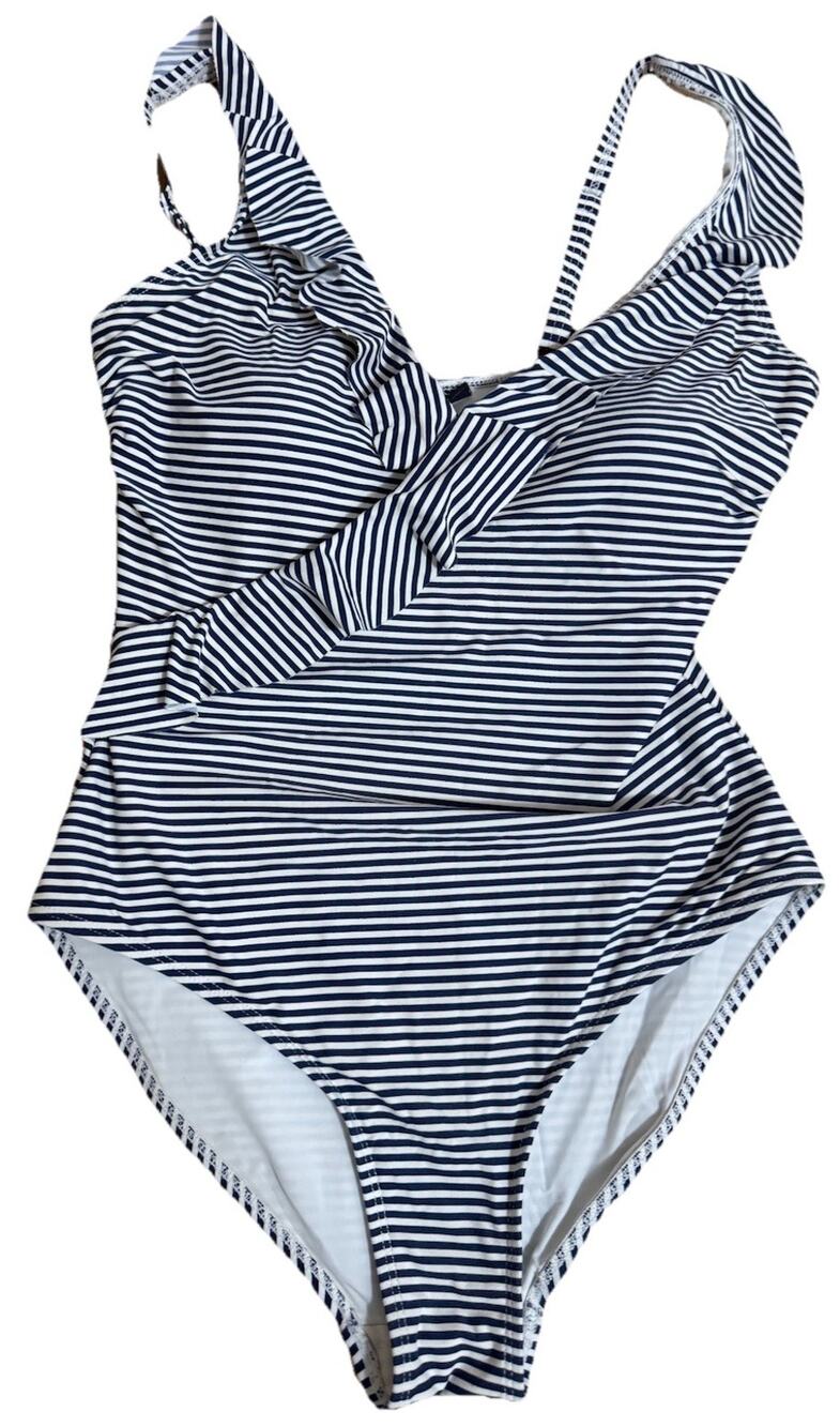 NIP TUCK Women’s One Piece Navy+White Striped Bathing Suit Multi Fit Cup Size 6